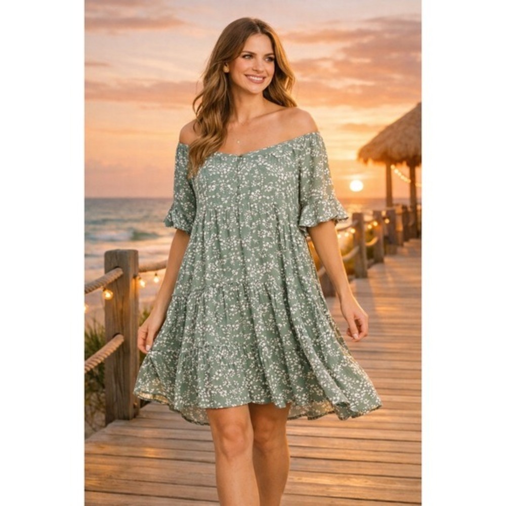 Sage Green Floral Tiered Babydoll Mini Dress Flutter Sleeve Pockets NWT